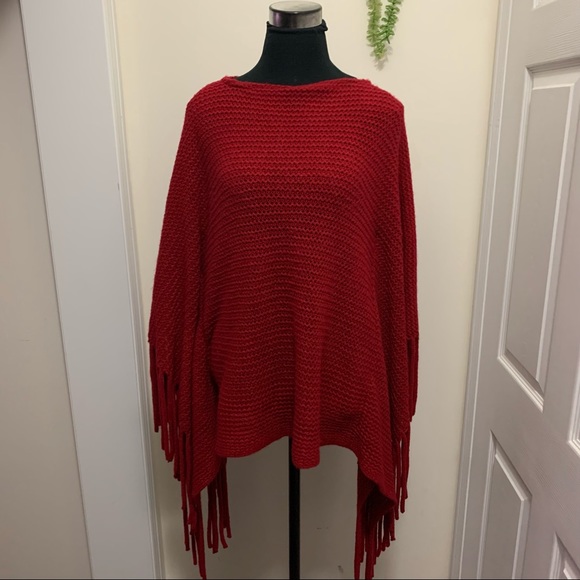 Coco & Carmen Fringe  Red Knit Warm Poncho Size OS - Picture 3 of 10